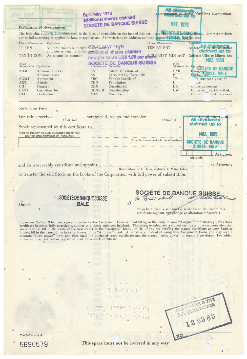 International Business Machines Corporation Stock Certificate