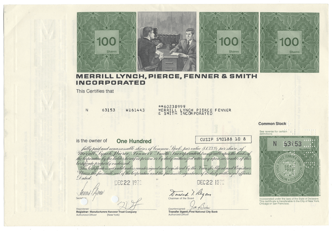 Merrill Lynch stock certificate with green and black design from 1972
