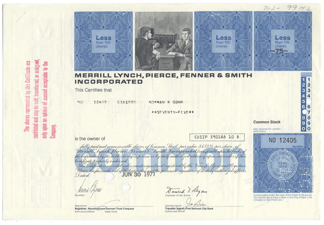 Merrill Lynch, Pierce, Fenner & Smith Incorporated Stock Certificate