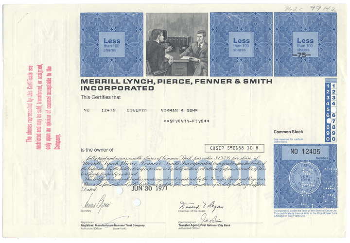 Merrill Lynch, Pierce, Fenner & Smith Incorporated Stock Certificate