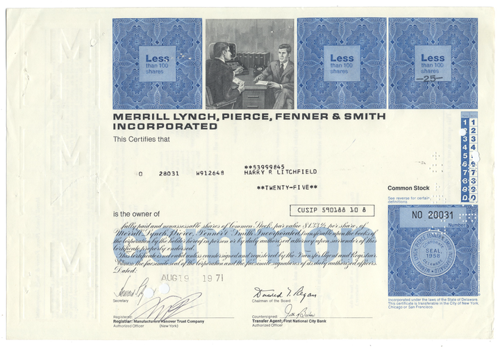 Merrill Lynch, Pierce, Fenner & Smith Incorporated Stock Certificate