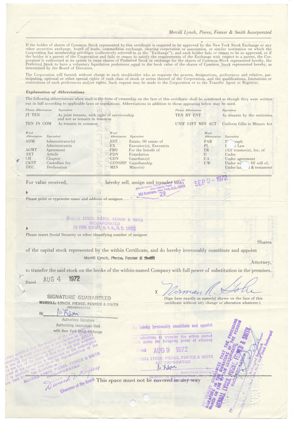 Merrill Lynch, Pierce, Fenner & Smith Incorporated Stock Certificate