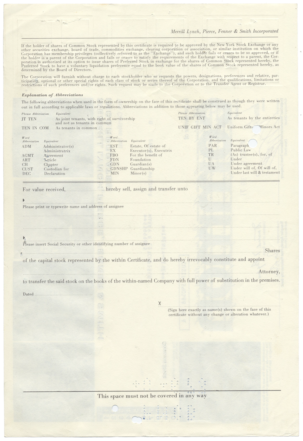 Merrill Lynch, Pierce, Fenner & Smith Incorporated Stock Certificate