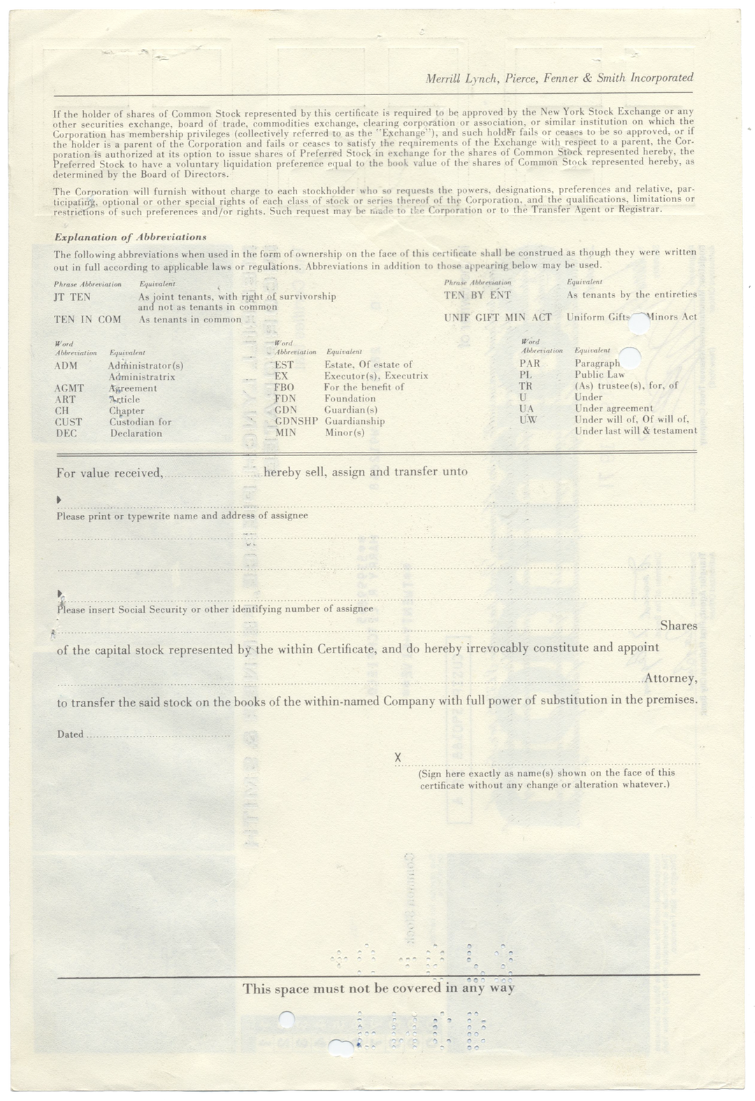 Merrill Lynch, Pierce, Fenner & Smith Incorporated Stock Certificate