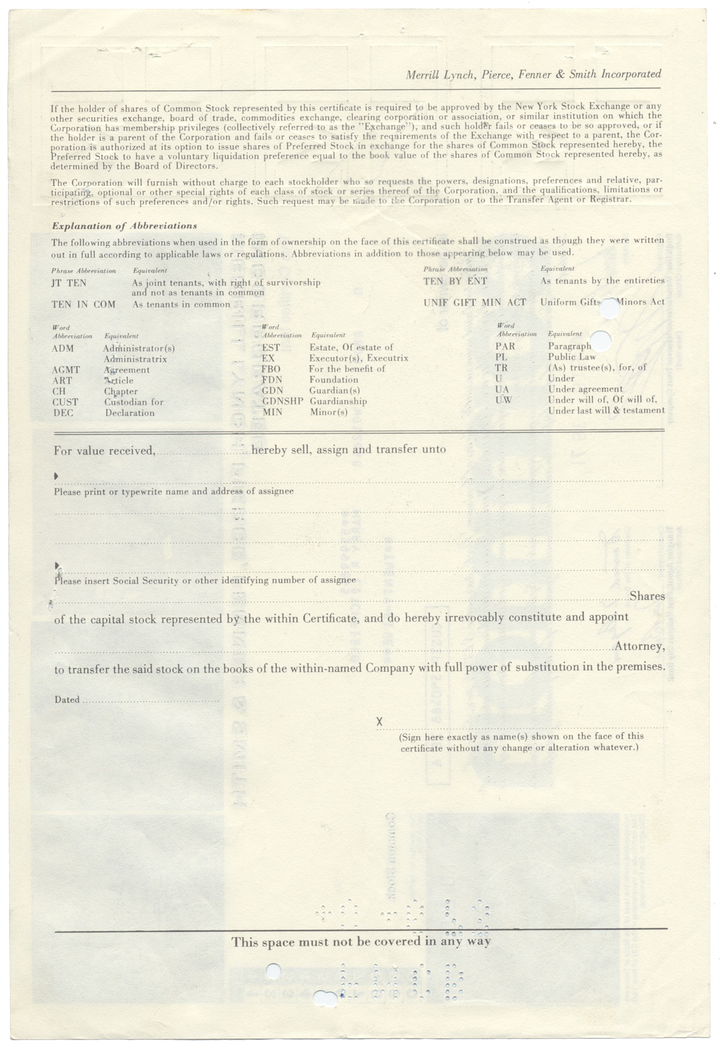 Merrill Lynch, Pierce, Fenner & Smith Incorporated Stock Certificate