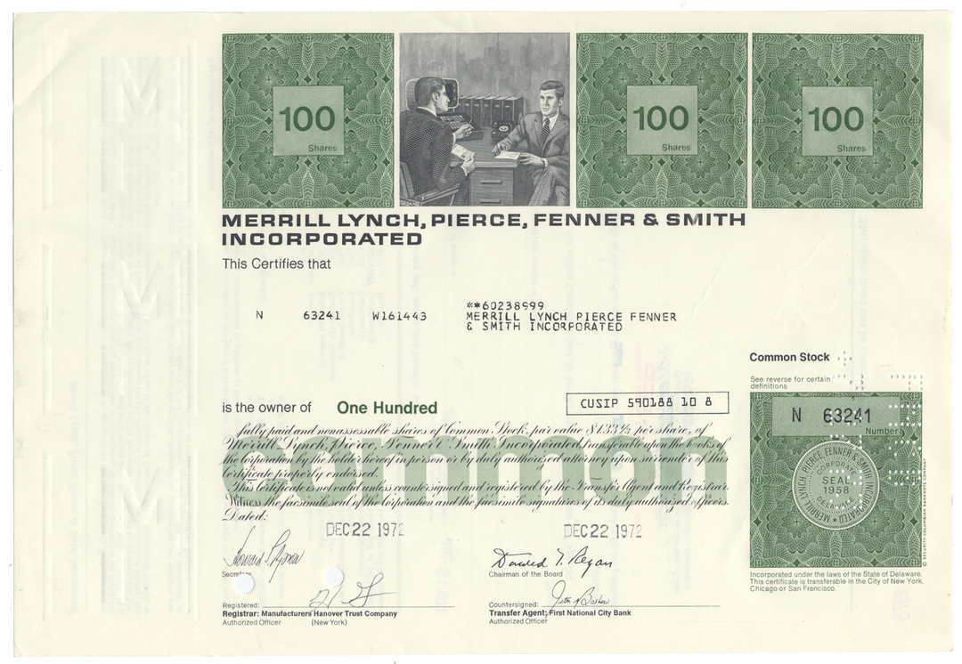 Merrill Lynch, Pierce, Fenner & Smith Incorporated Stock Certificate