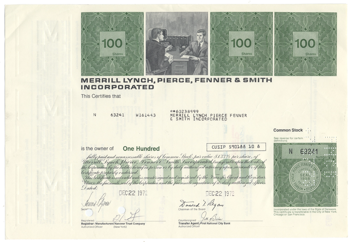 Merrill Lynch, Pierce, Fenner & Smith Incorporated Stock Certificate