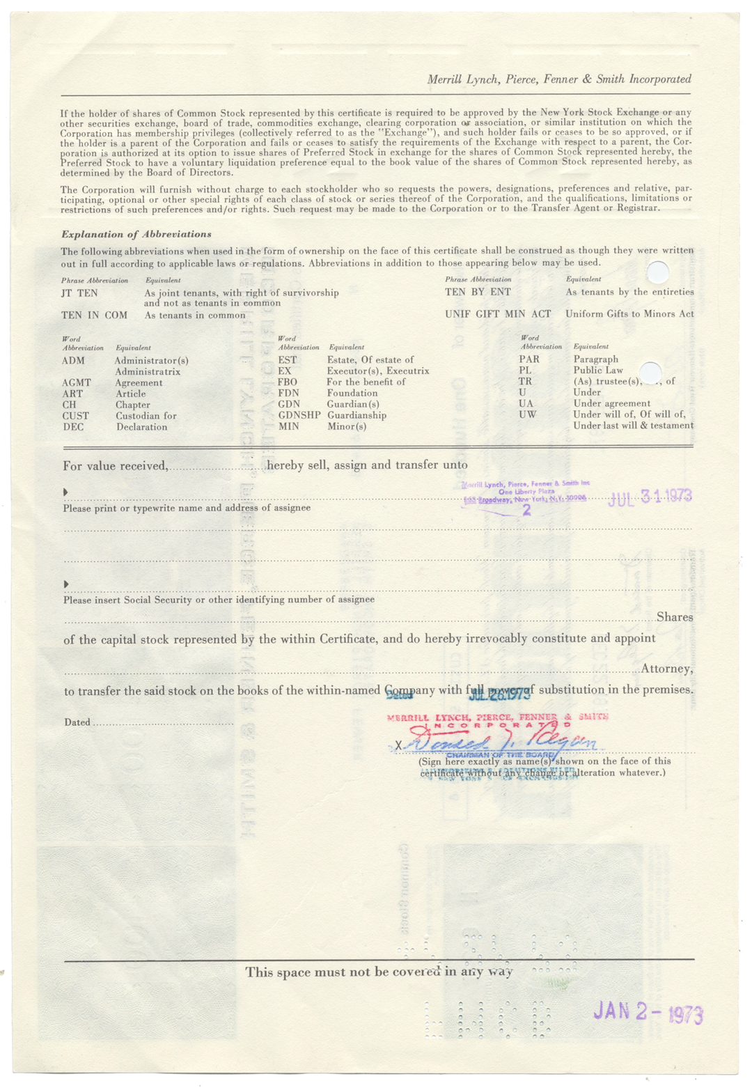 Merrill Lynch, Pierce, Fenner & Smith Incorporated Stock Certificate