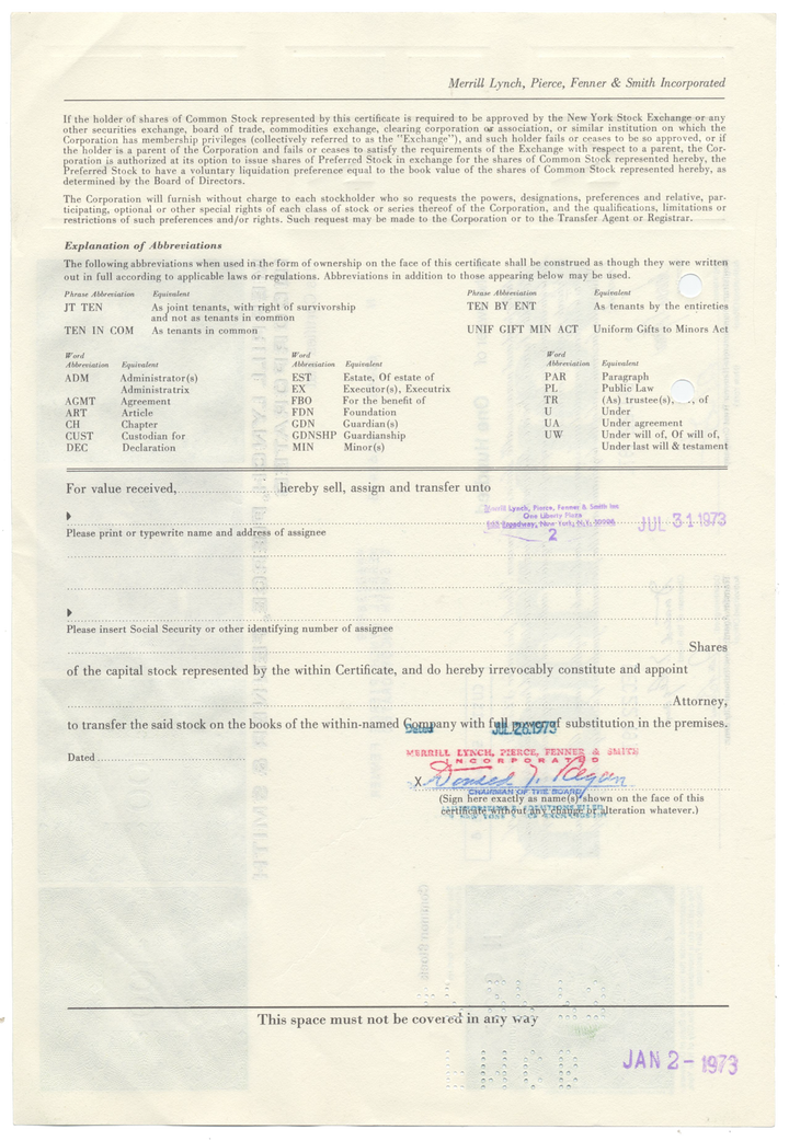 Merrill Lynch, Pierce, Fenner & Smith Incorporated Stock Certificate