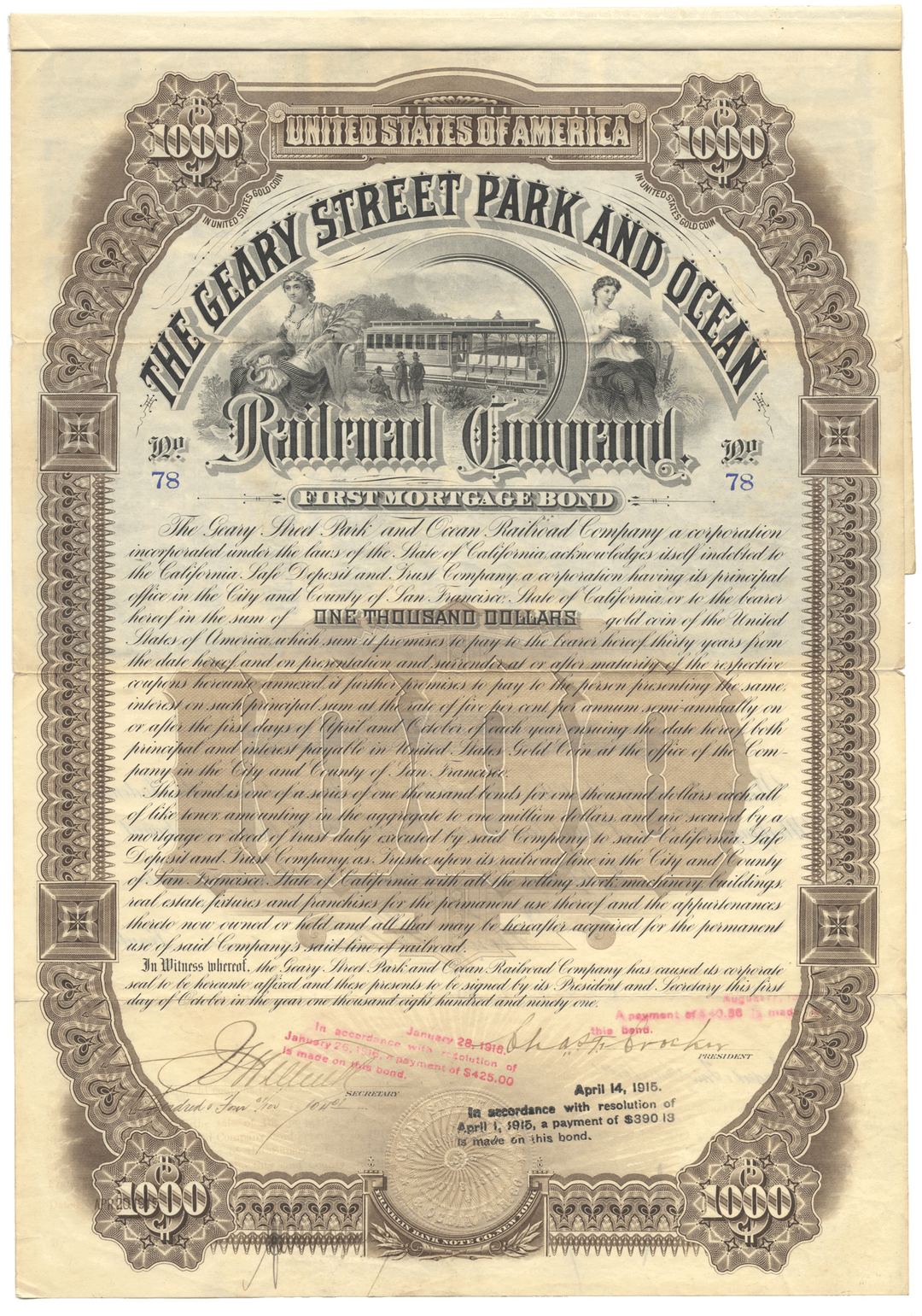 Geary Street Park and Ocean Railroad Company bond certiificate Signed by Charles Crocker