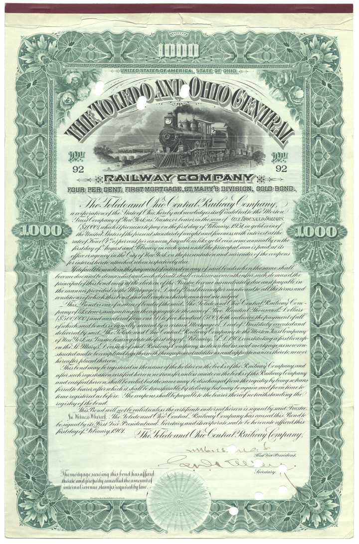 Toledo and Ohio Central Railway Company Bond Certificate