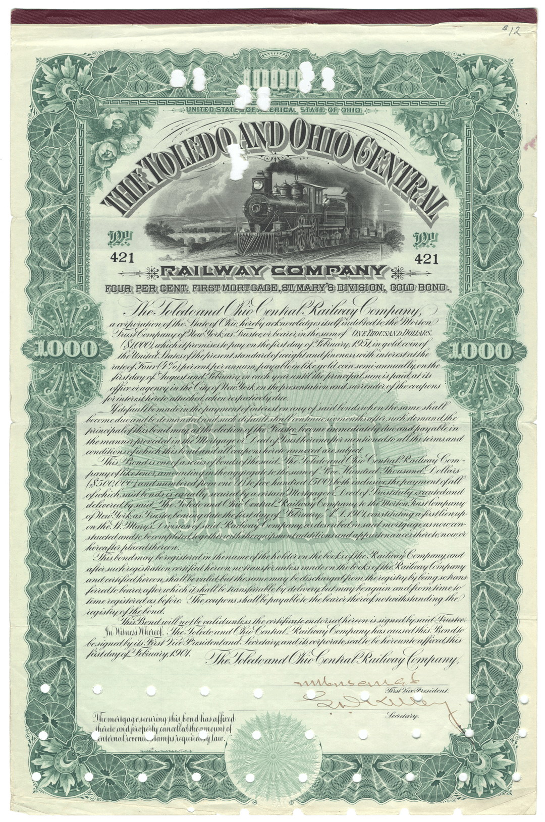 Historical Toledo & Ohio Central Railway company bond certificate with decorative elements and train illustration.