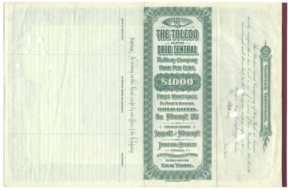 Toledo and Ohio Central Railway Company Bond Certificate