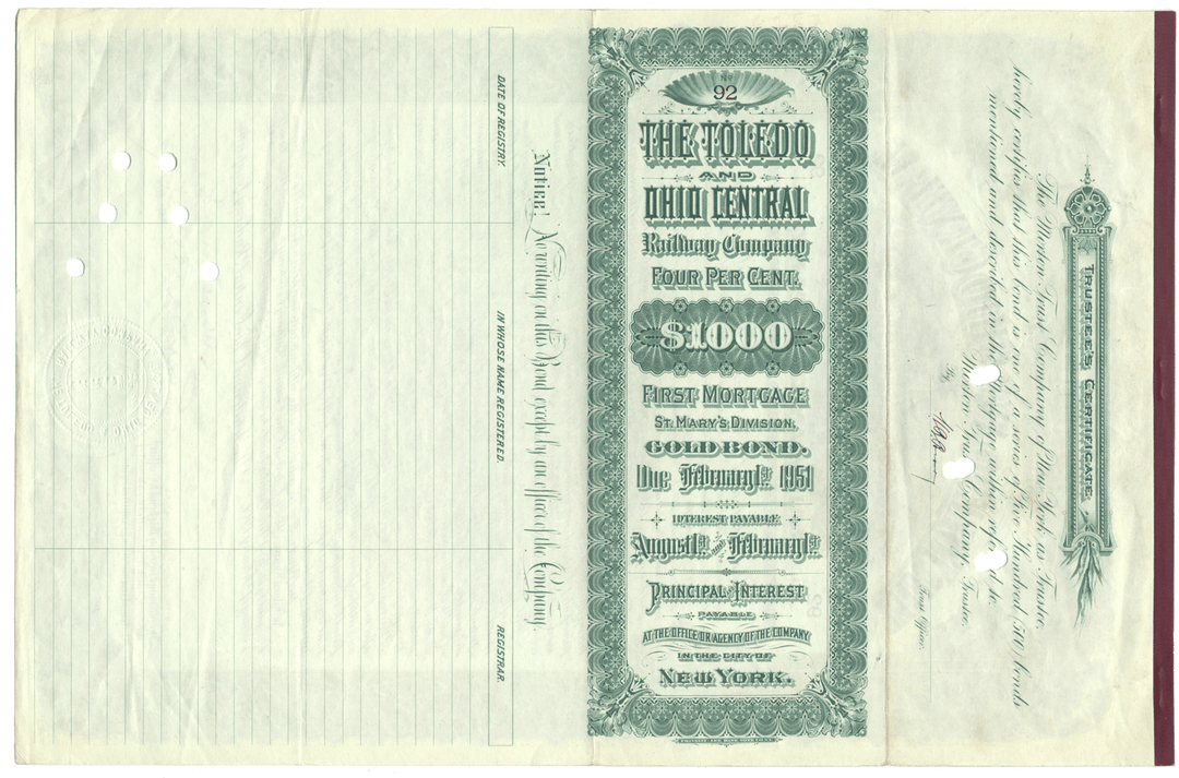 Toledo and Ohio Central Railway Company Bond Certificate