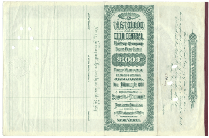 Toledo and Ohio Central Railway Company Bond Certificate