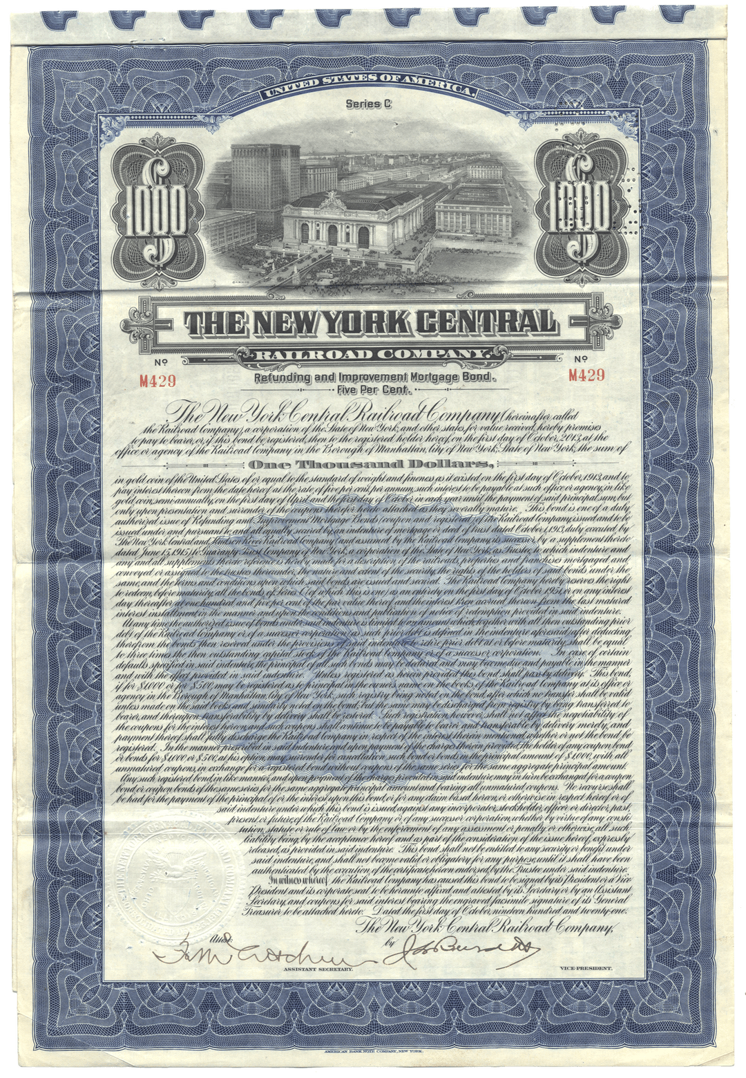 Vintage bond certificate of The New York Central Railroad Company from 1921