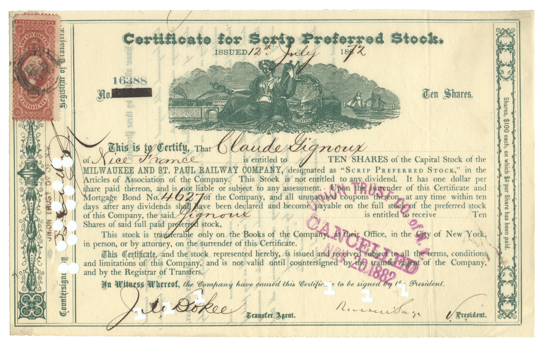 Chicago, Milwaukee and St. Paul Railway Company Stock Certificate Signed by Russell Sage