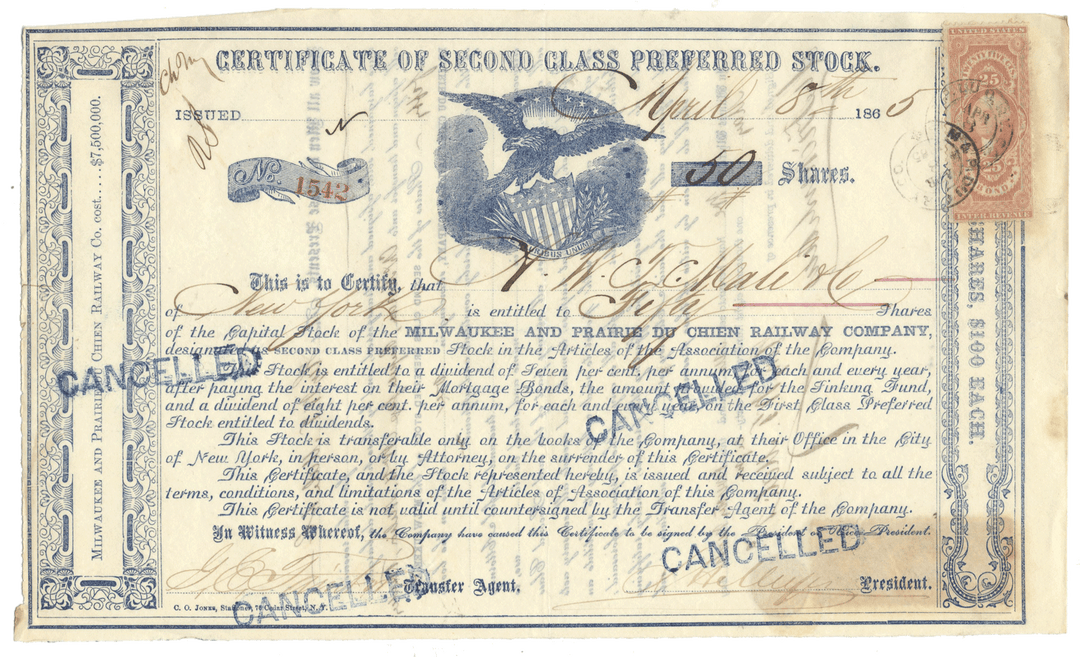 Milwaukee and Prairie du Chien Railway Company Stock Certificate