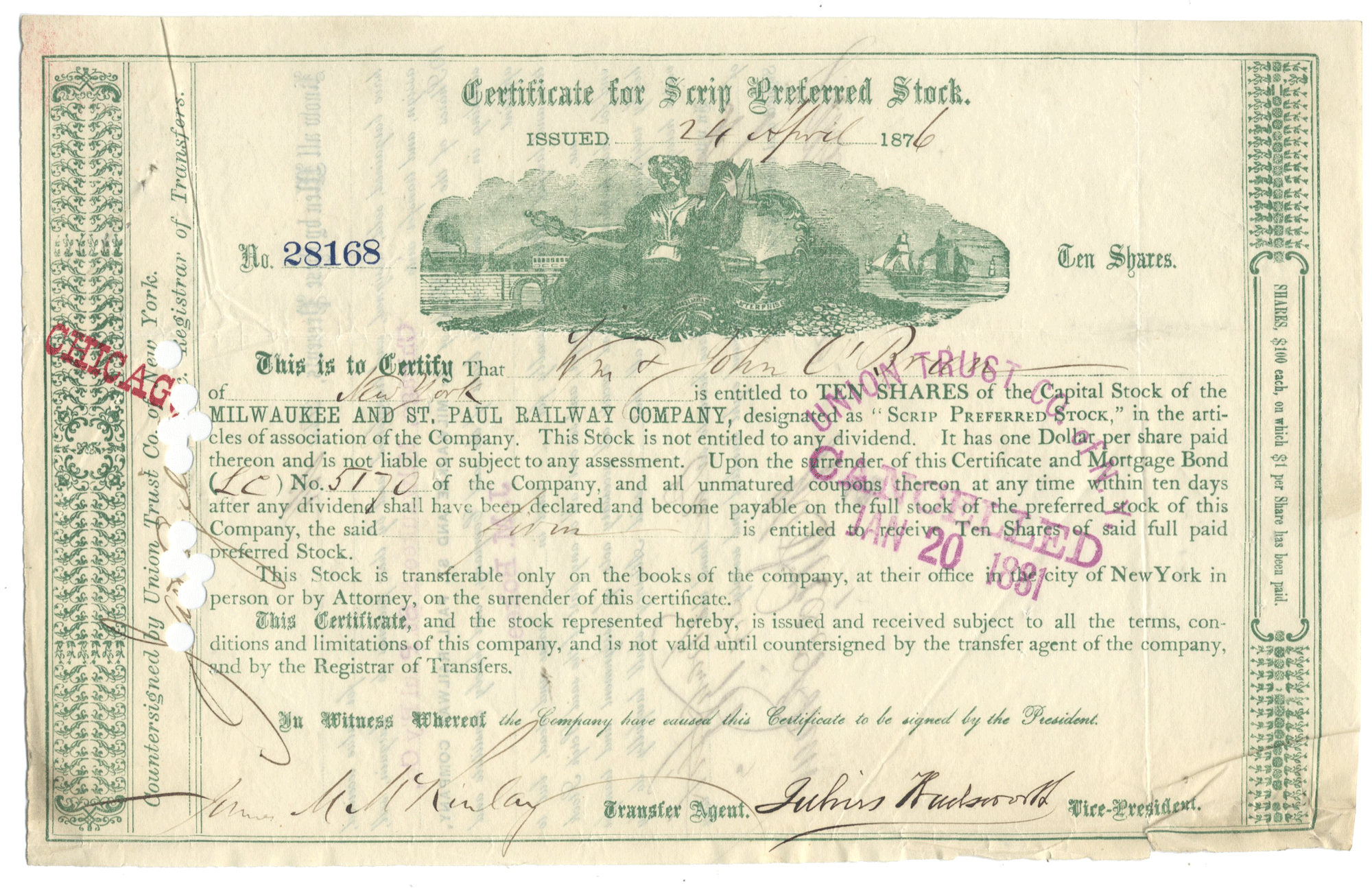Stock certificate for the Chicago, Milwaukee and St. Paul Railway Company from 1876.