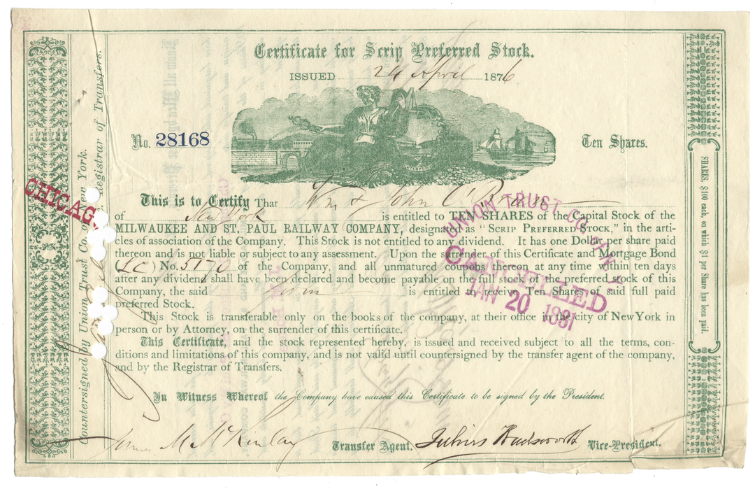 Stock certificate for the Chicago, Milwaukee and St. Paul Railway Company from 1876.
