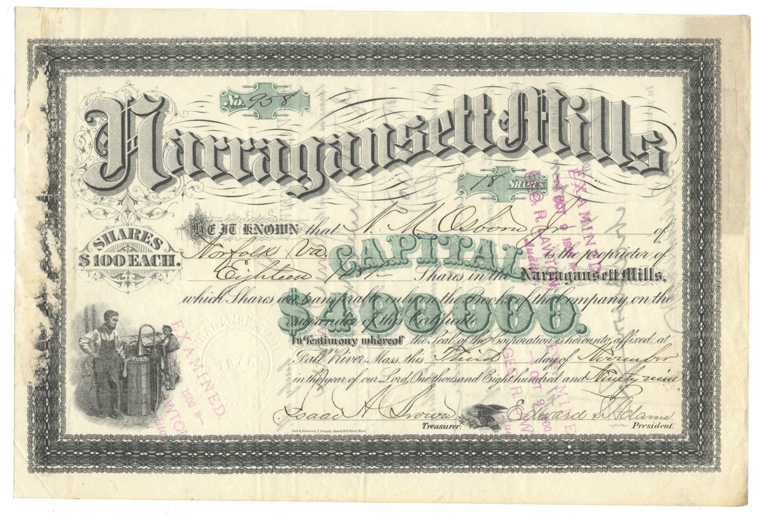 Vintage stock certificate for Narragansett Mills from 1899