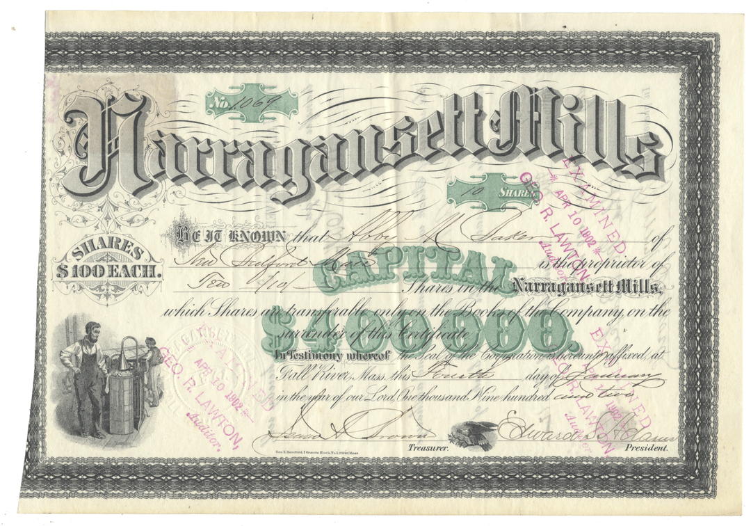 Narragansett Mills stock certificate with decorative elements and text from 1902