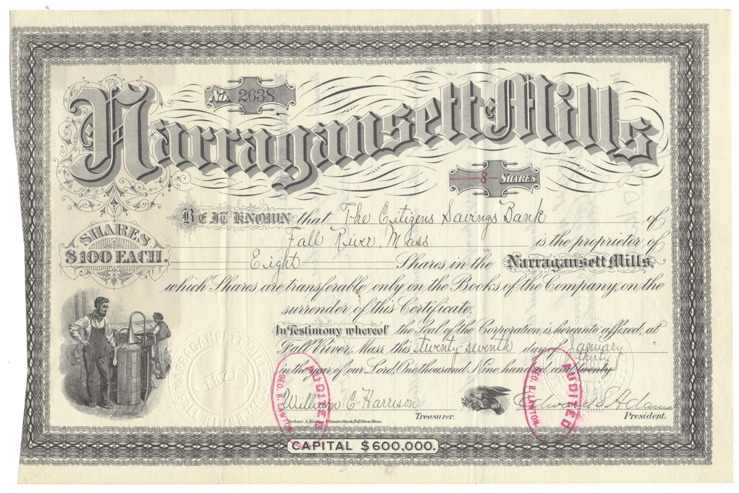 Narragansett Mills stock certificate with decorative elements