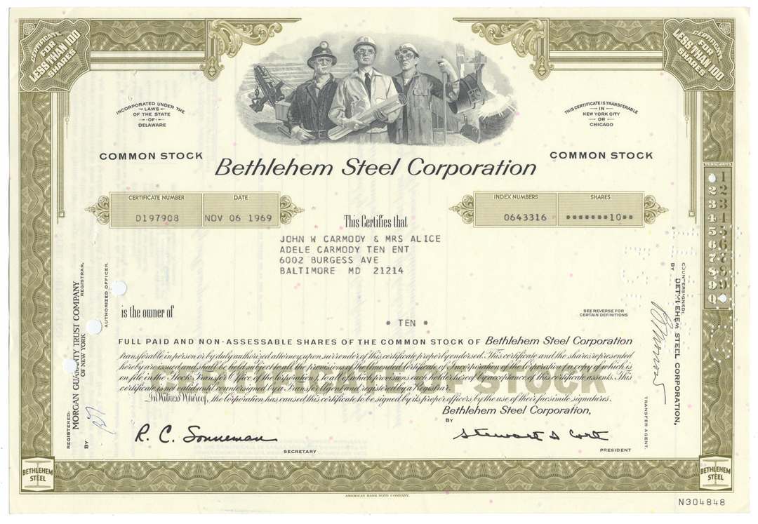 Bethlehem Steel Corporation Stock Certificate