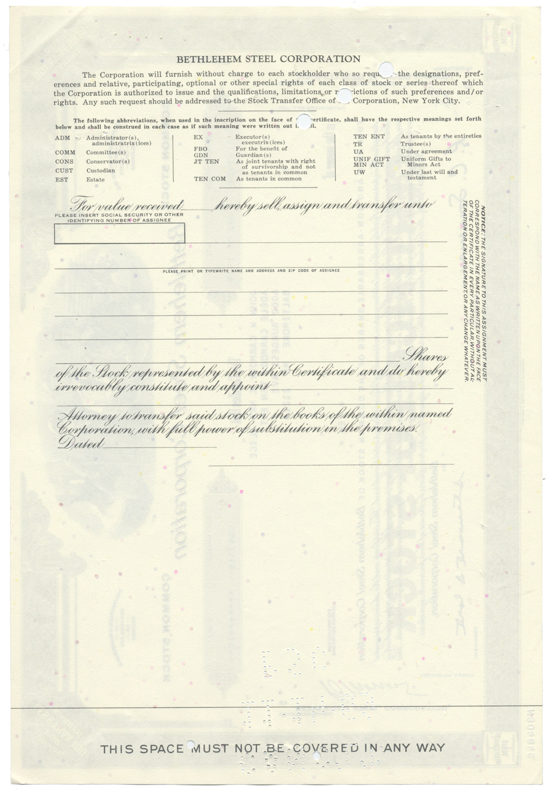 Bethlehem Steel Corporation Stock Certificate