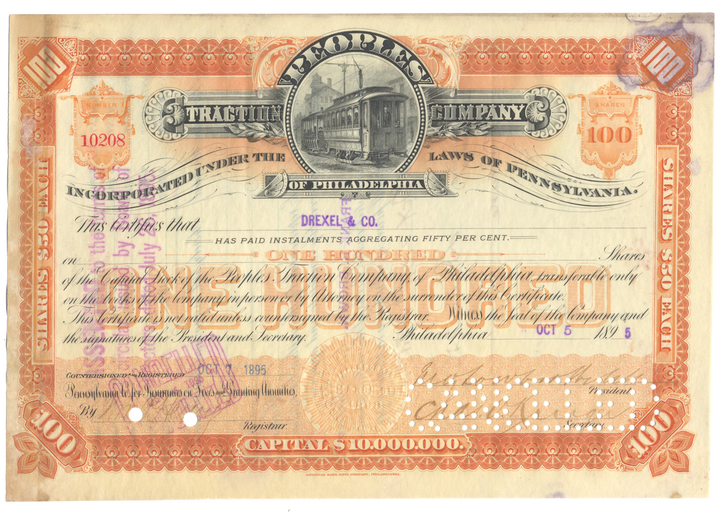 Peoples Traction Company of Philadelphia Stock Certificate