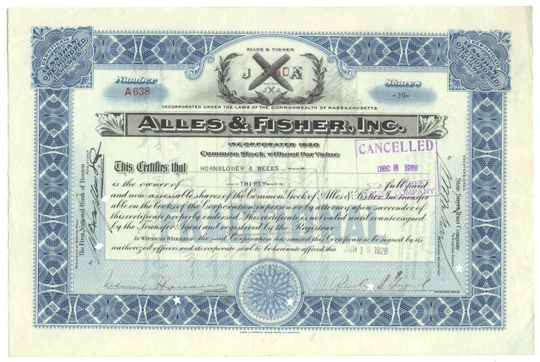 Alles & Fisher, Inc. stock certificate with decorative elements