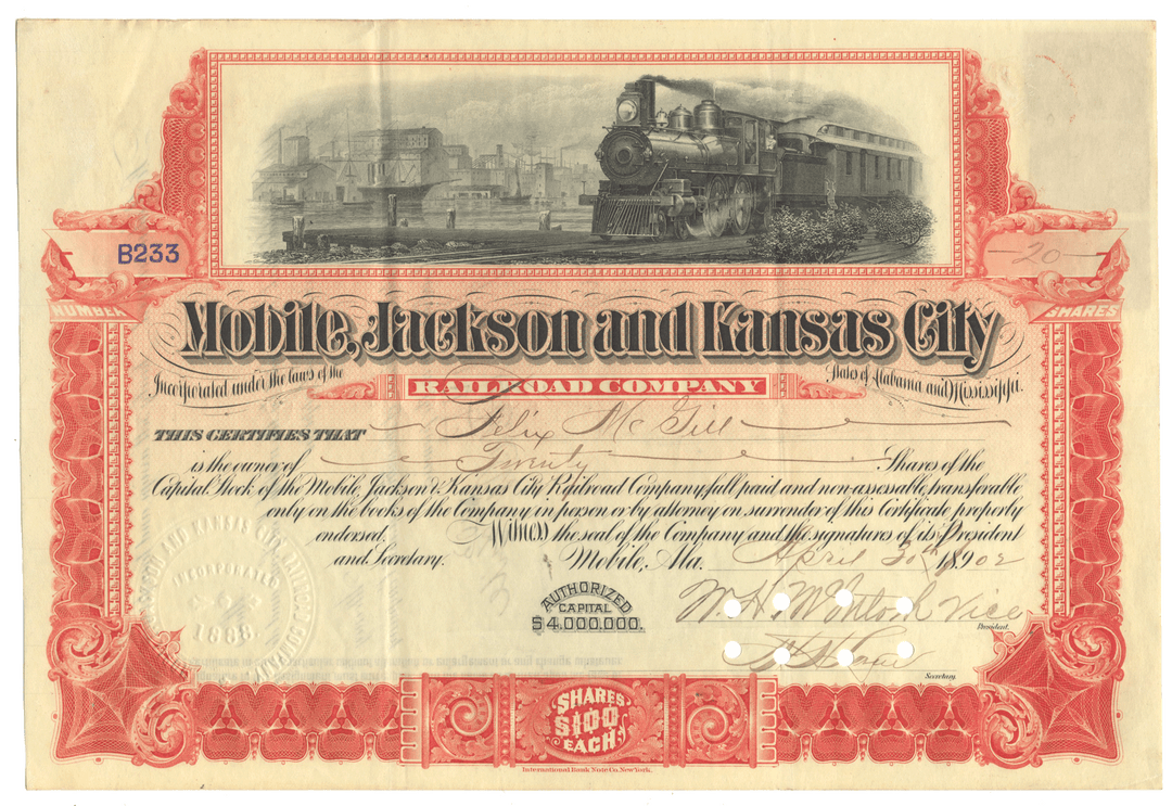 Vintage stock certificate for Mobile, Jackson and Kansas City Railroad Company with train illustration.