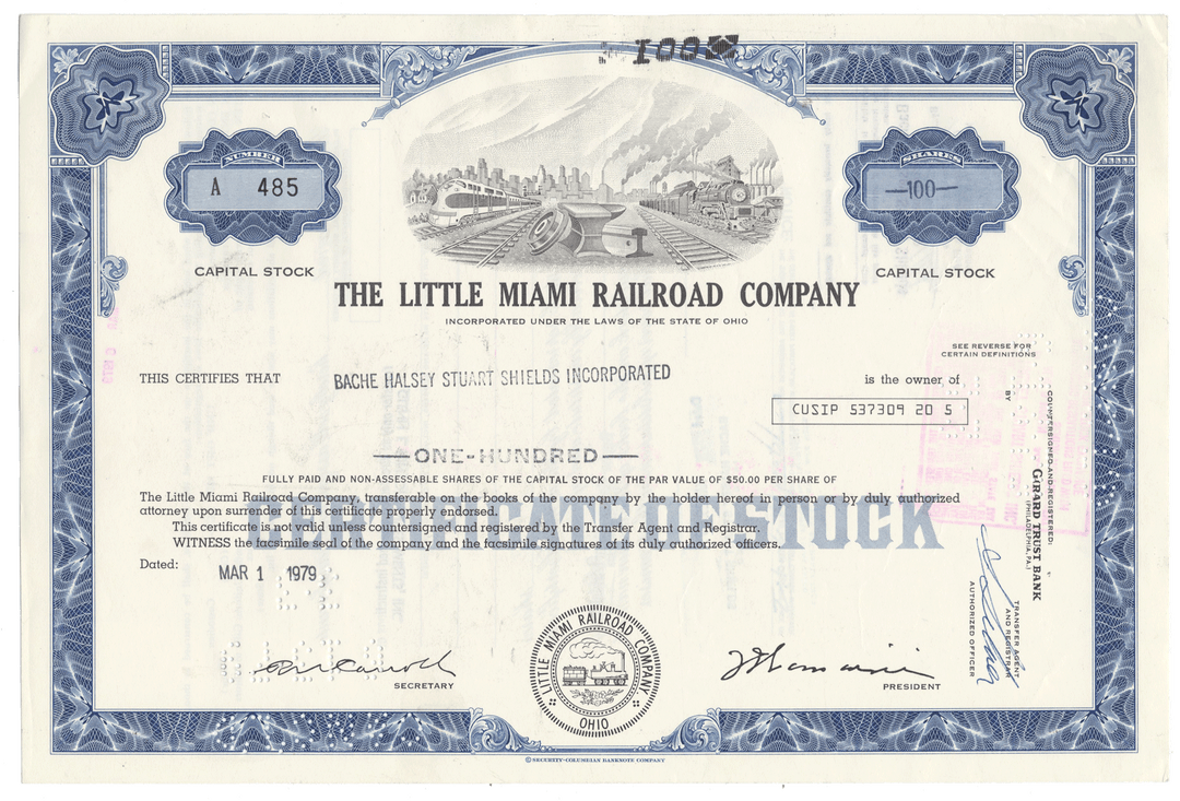 Vintage stock certificate of the Little Miami Railroad Company with blue and white design.