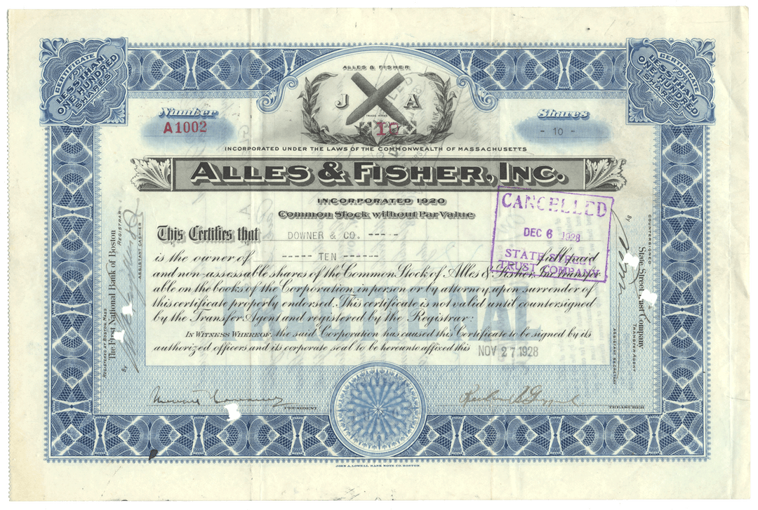 Allies & Fisher, Inc. stock certificate with decorative cigar vignette from 1928