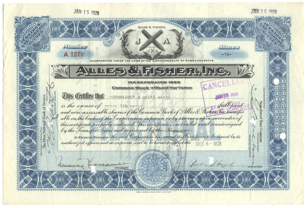 Vintage stock certificate from Alles & Fisher, Inc. with decorative elements and text.
