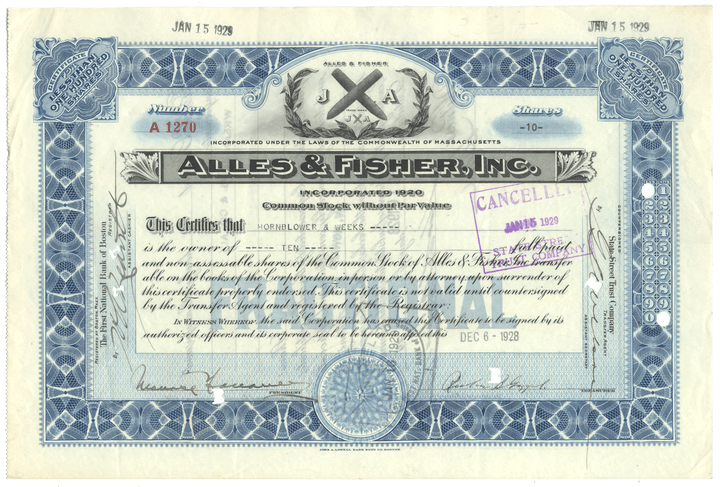 Vintage stock certificate from Alles & Fisher, Inc. with decorative elements and text.