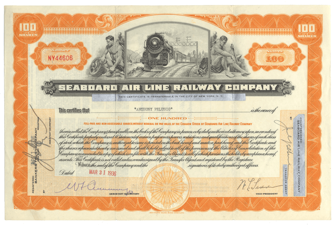 Seaboard Air Line Railway Company stock certificate with vintage design