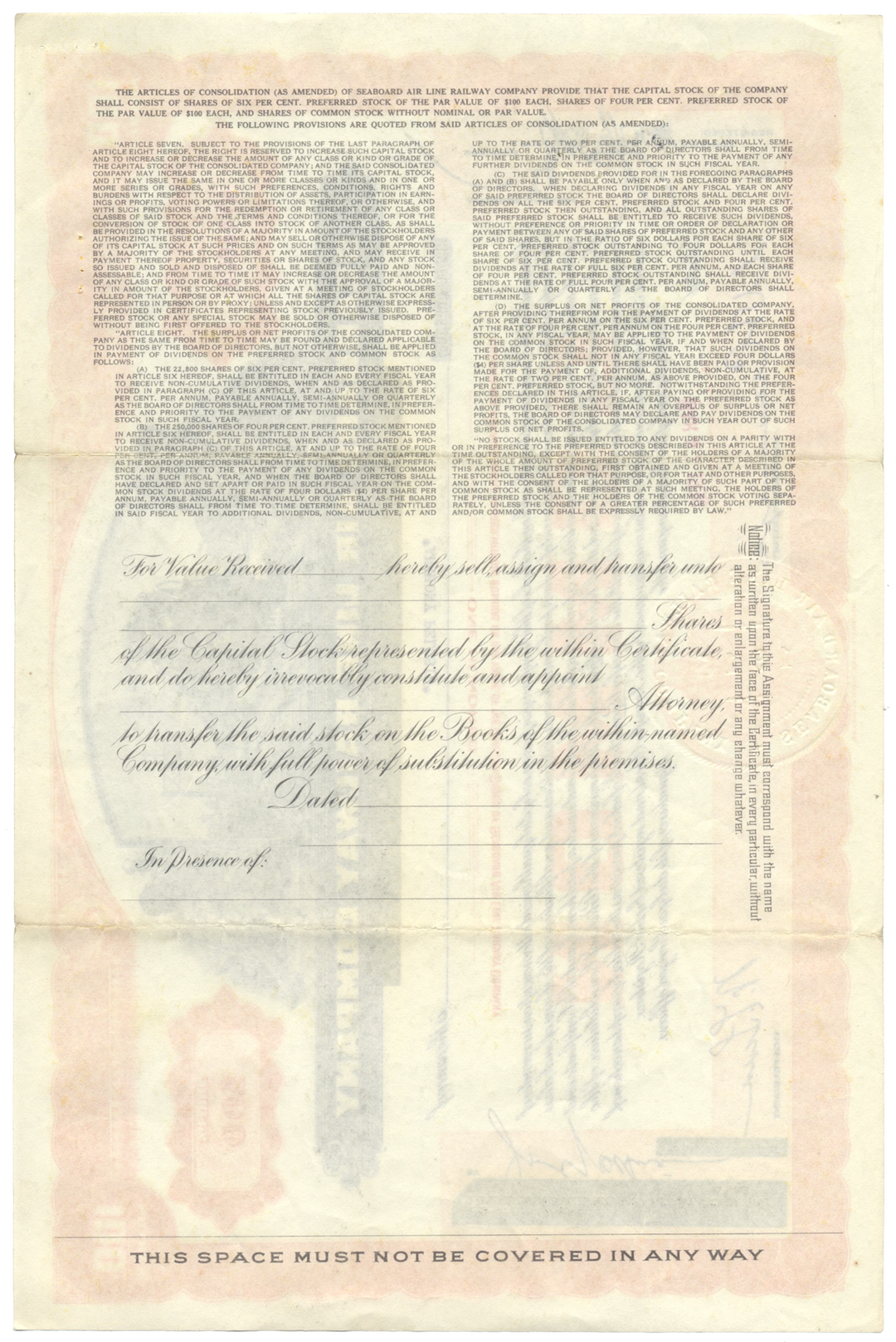 Seaboard Air Line Railway Company Stock Certificate