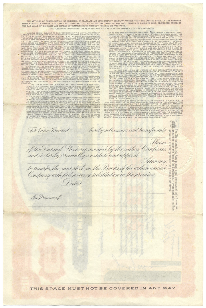 Seaboard Air Line Railway Company Stock Certificate