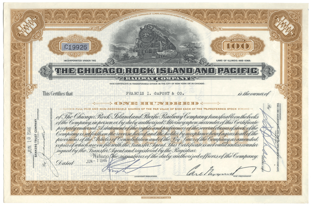 Vintage stock certificate of The Chicago, Rock Island and Pacific Railway Company with a train illustration.