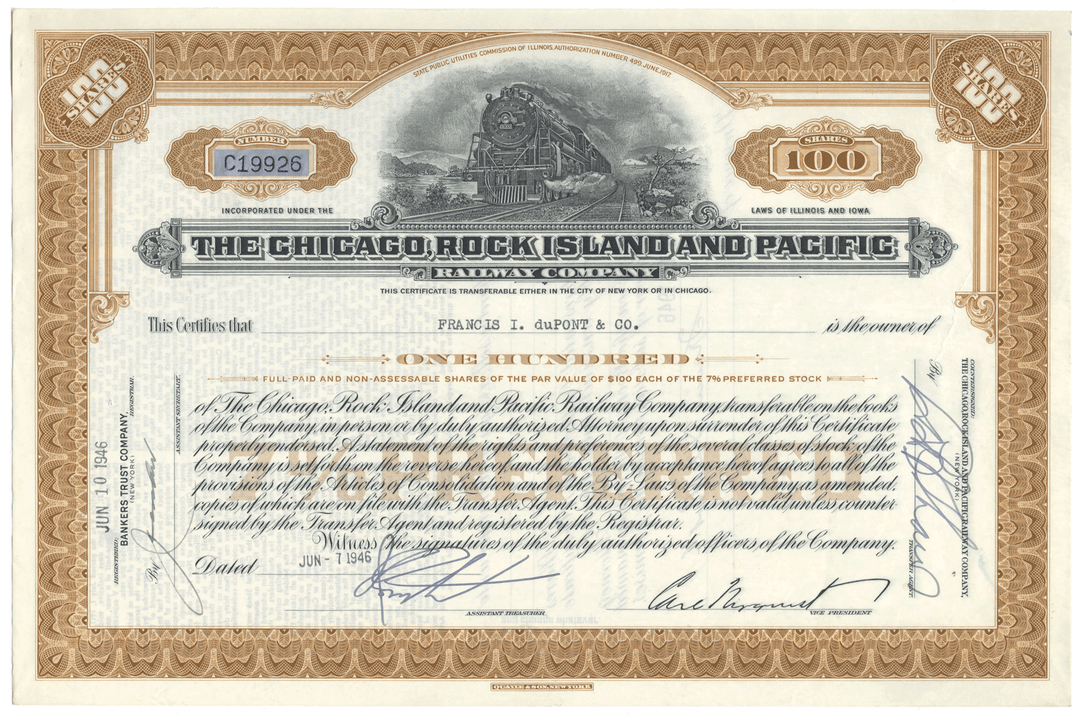 Vintage stock certificate of The Chicago, Rock Island and Pacific Railway Company with a train illustration.