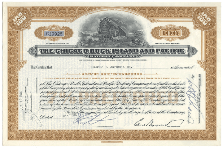 Vintage stock certificate of The Chicago, Rock Island and Pacific Railway Company with a train illustration.