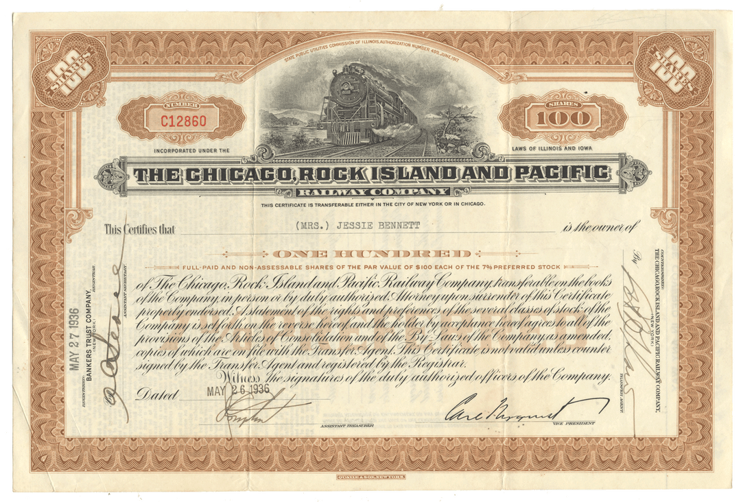A vintage Chicago, Rock Island and Pacific Railway Company stock certificate dated May 26, 1936