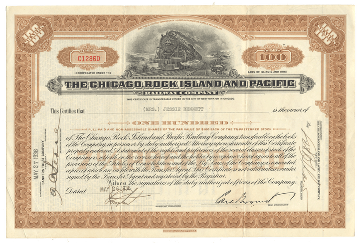 A vintage Chicago, Rock Island and Pacific Railway Company stock certificate dated May 26, 1936