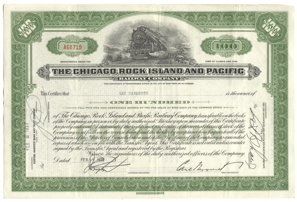 Vintage stock certificate of The Chicago, Rock Island and Pacific Railway Company with a green border.