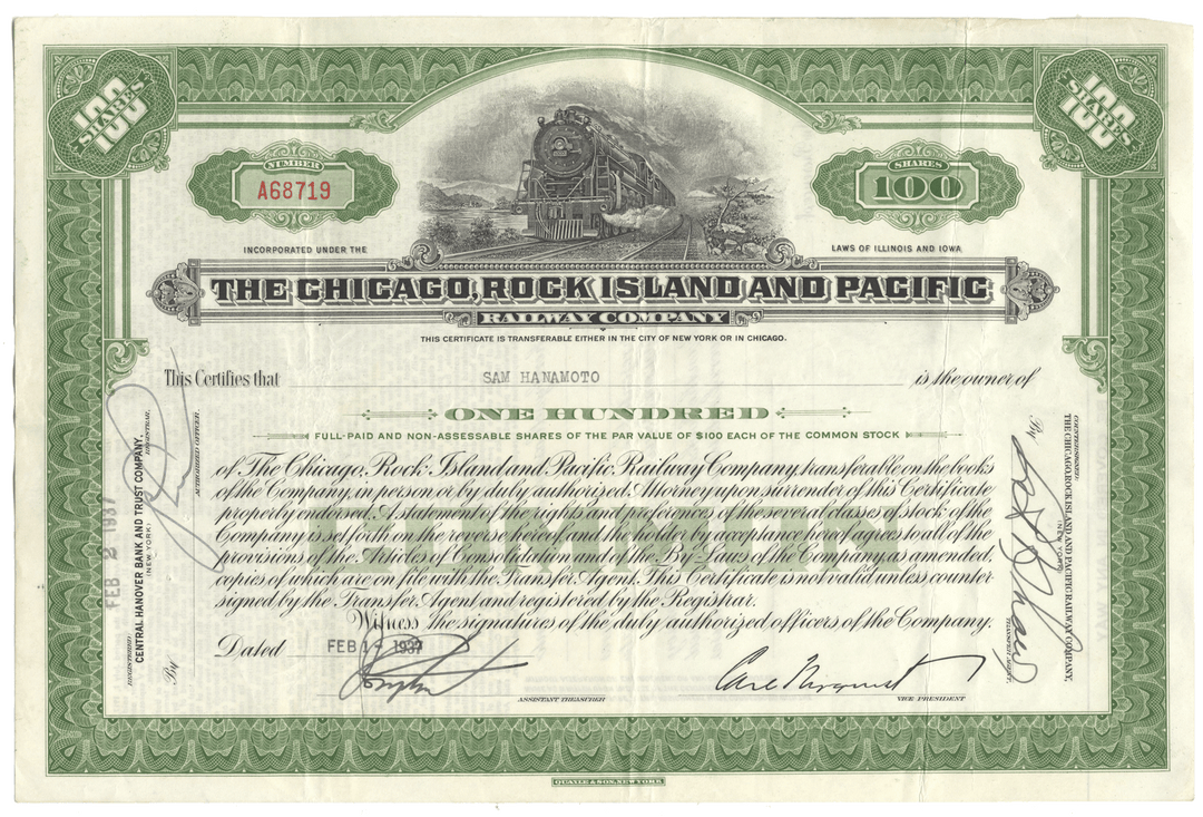 Vintage stock certificate of The Chicago, Rock Island and Pacific Railway Company with a green border.