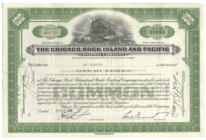 Vintage stock certificate of The Chicago, Rock Island and Pacific Railway Company with a green border.
