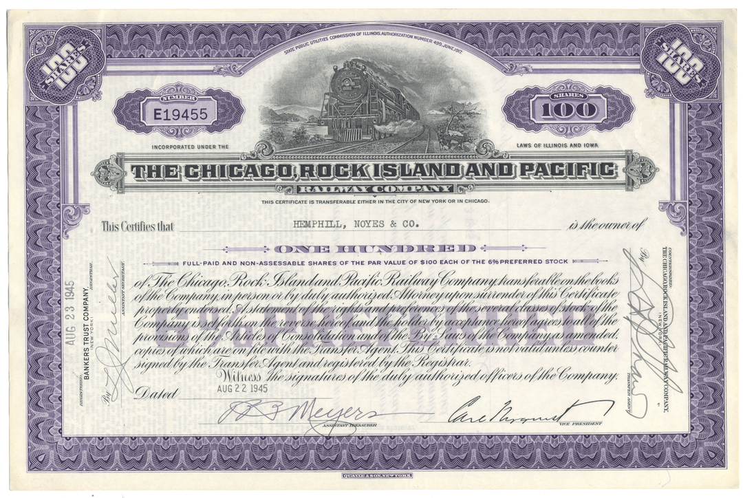 Vintage stock certificate for The Chicago, Rock Island and Pacific Railway Company with purple and white design.