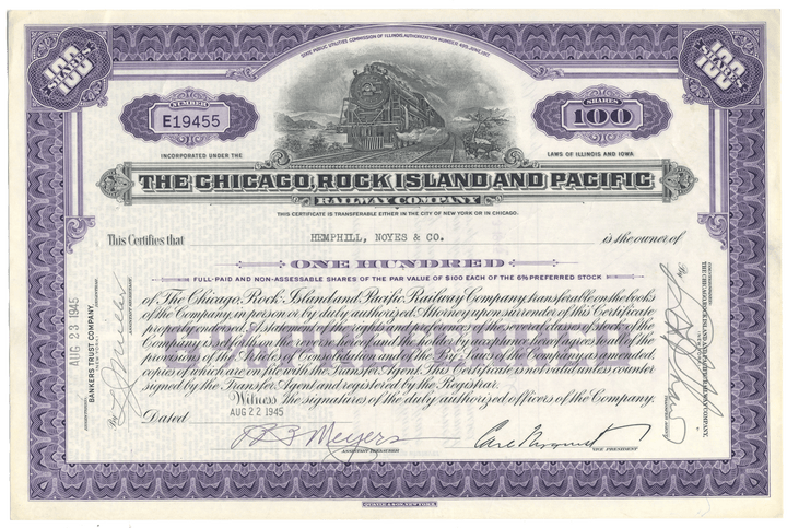 Vintage stock certificate for The Chicago, Rock Island and Pacific Railway Company with purple and white design.