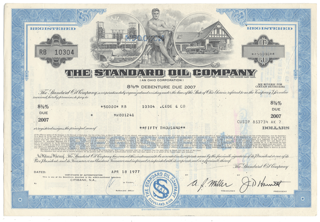 Vintage bond certificate of The Standard Oil Company from 1977